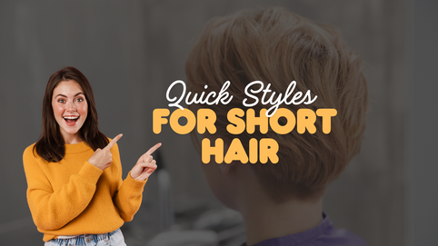 Smiling woman in yellow sweater pointing toward text overlay that reads ‘Quick Styles for Short Hair,’ with a blurred background of a person with a short haircut.