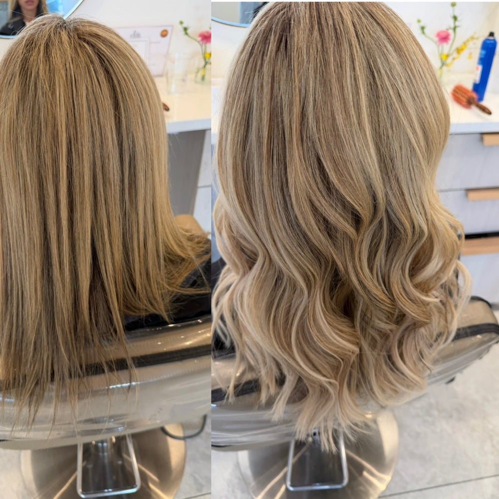 Before and after blonde hair extensions at LAHH Salon, with added length and volume