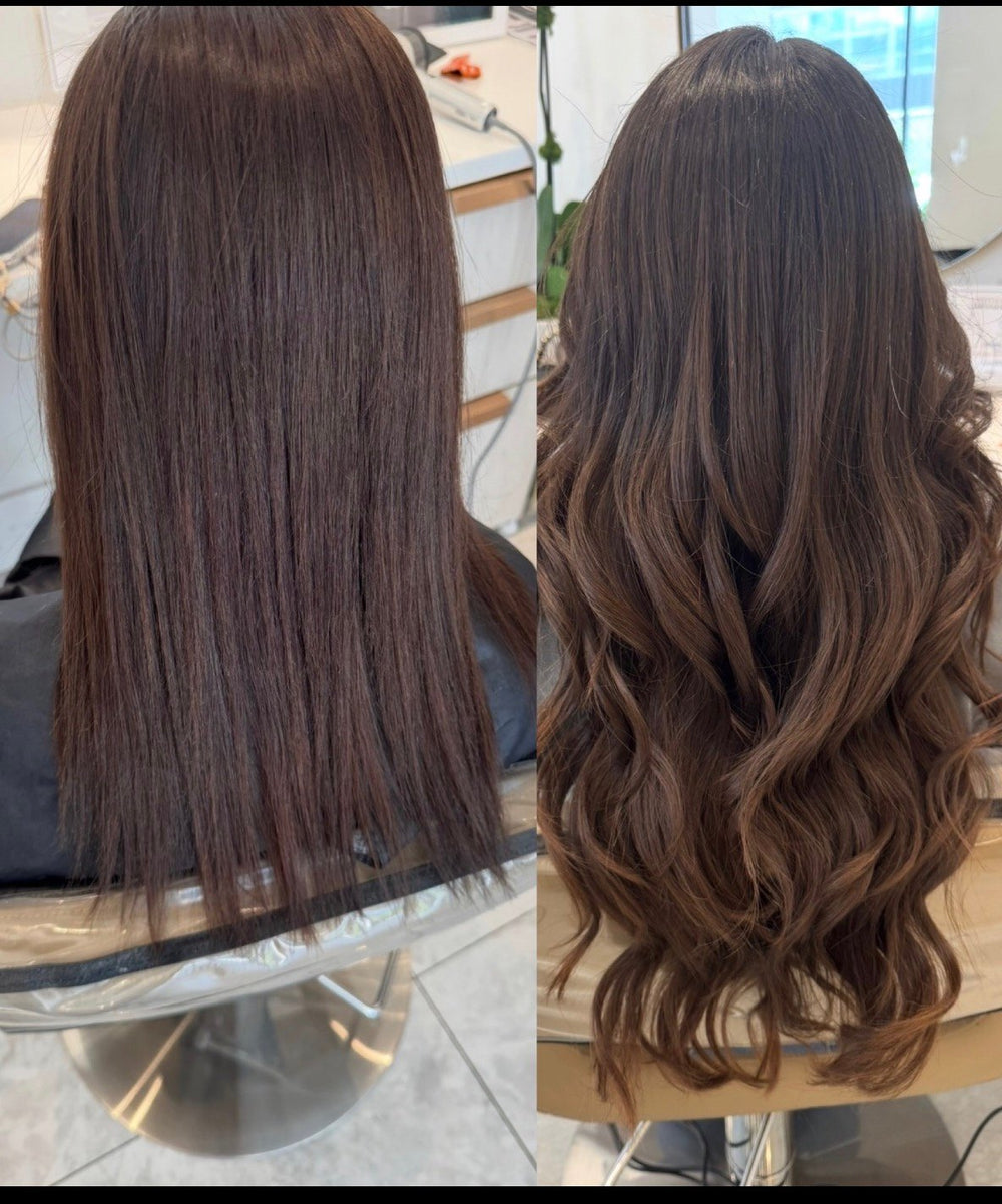 Before and after brunette hair extensions at LAHH Salon, with longer, fuller waves