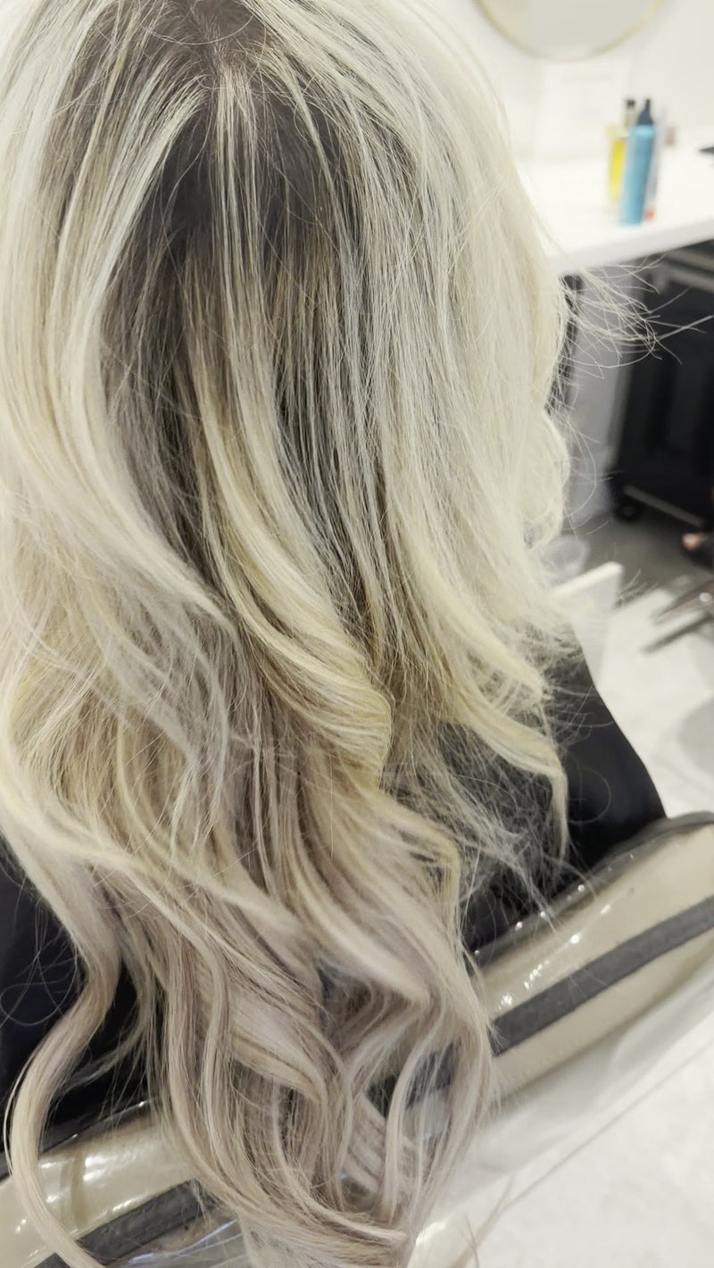 Long icy blonde waves with extensions, finished at LAHH Salon